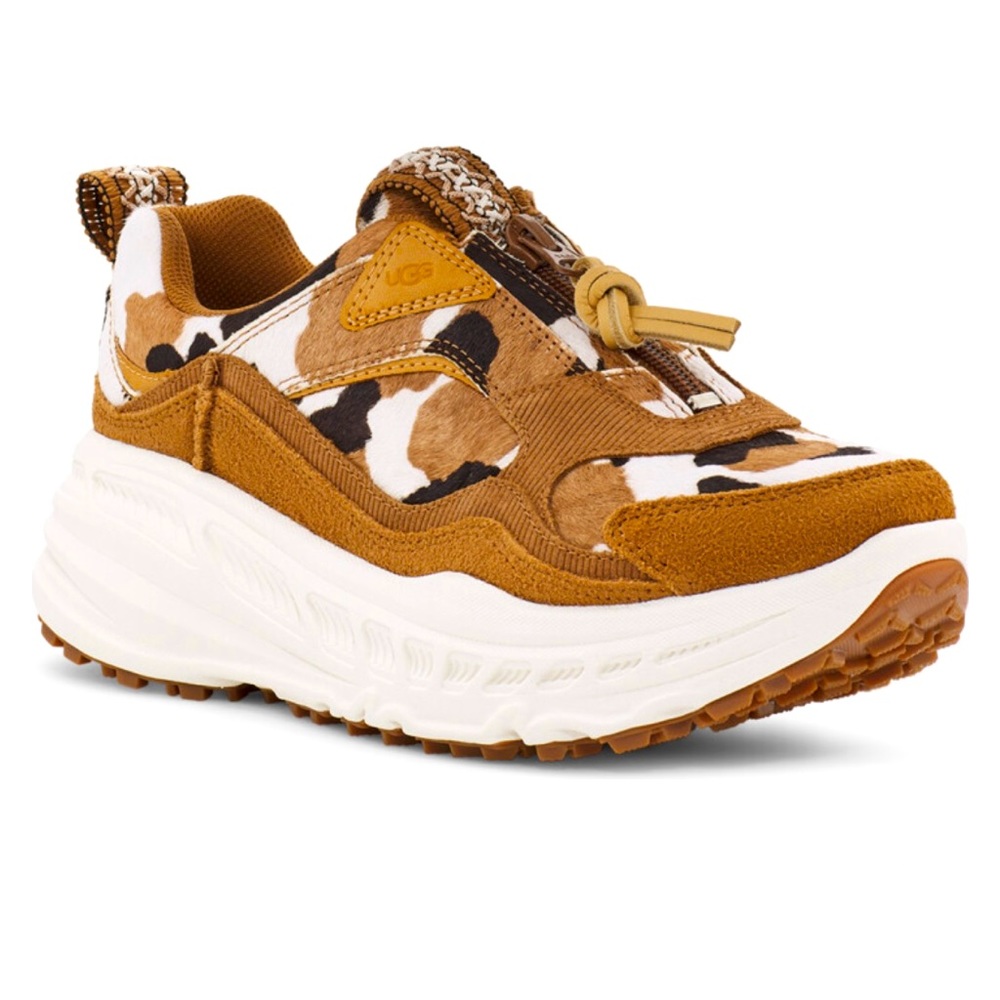 UGG Zip Cow Print Leather White Tan - Women's Shoes Size 7 CA805